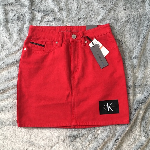 calvin klein red denim skirt